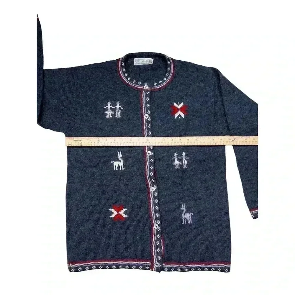 Alpacas Esmeralda Alpaca Wool Cardigan | Blue Geometric Knit Boho Sweater - Picture 10 of 13